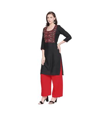 Black Rayon with Red & Green Embroidery straight Fit Kurta with Round Neck for Women 3