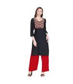 Black Rayon with Red , Green & white Neckline Embroidery with V Neck Straight Fit Kurta for Women