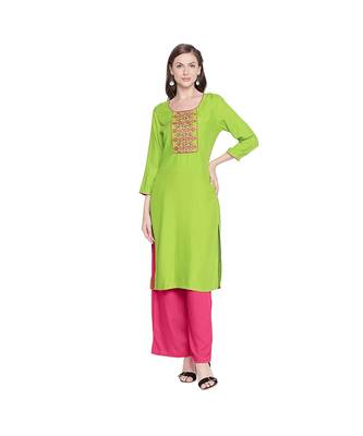 Green Rayon Straight Fit Kurta with Mustard and Dark Pink Neck Border Embroidery for Women 1