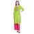 Green Rayon Straight Fit Kurta with Mustard and Dark Pink Neck Border Embroidery for Women