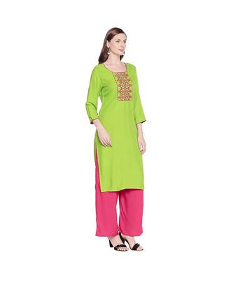 Green Rayon Straight Fit Kurta with Mustard and Dark Pink Neck Border Embroidery for Women 2