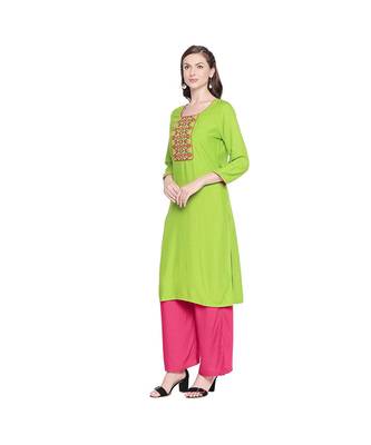 Green Rayon Straight Fit Kurta with Mustard and Dark Pink Neck Border Embroidery for Women 3