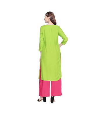 Green Rayon Straight Fit Kurta with Mustard and Dark Pink Neck Border Embroidery for Women 4