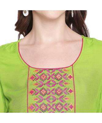 Green Rayon Straight Fit Kurta with Mustard and Dark Pink Neck Border Embroidery for Women 5