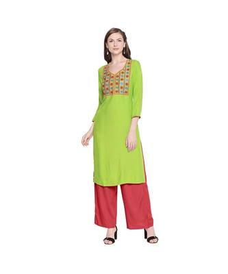 Green Rayon Straight Fit Kurta with Multi Color Embroidered Neckline  for Women 1