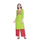 Green Rayon Straight Fit Kurta with Multi Color Embroidered Neckline  for Women