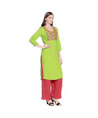 Green Rayon Straight Fit Kurta with Multi Color Embroidered Neckline  for Women 2