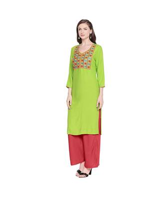 Green Rayon Straight Fit Kurta with Multi Color Embroidered Neckline  for Women 3