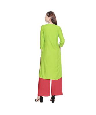 Green Rayon Straight Fit Kurta with Multi Color Embroidered Neckline  for Women 4