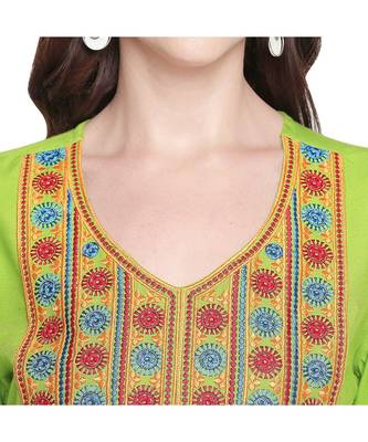 Green Rayon Straight Fit Kurta with Multi Color Embroidered Neckline  for Women 5