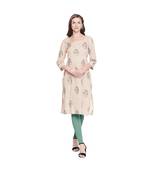 Beige Cotton Kurta with Checks Print and Green & Gold Floral Print with Asymetrical Neckline for Women