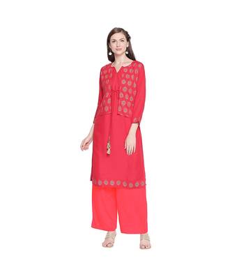 Red Rayon Solid and Gold Print Jacket Style Kurta with Round Neck and Tassels for Women 1