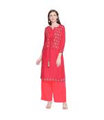Red Rayon Solid and Gold Print Jacket Style Kurta with Round Neck and Tassels for Women