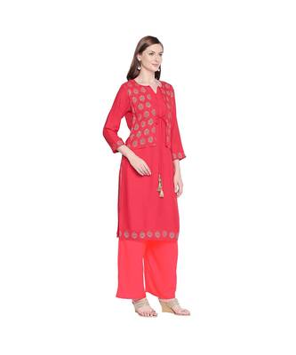 Red Rayon Solid and Gold Print Jacket Style Kurta with Round Neck and Tassels for Women 2
