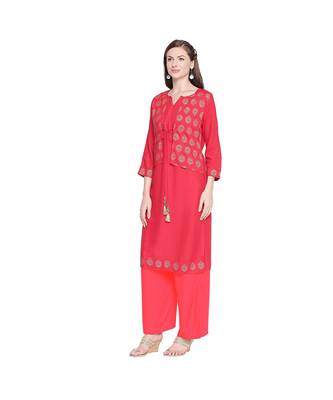 Red Rayon Solid and Gold Print Jacket Style Kurta with Round Neck and Tassels for Women 3