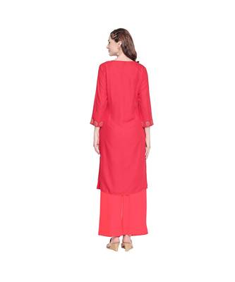Red Rayon Solid and Gold Print Jacket Style Kurta with Round Neck and Tassels for Women 4