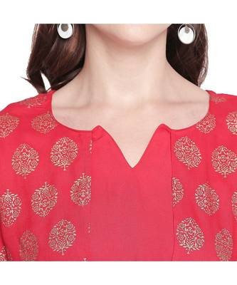 Red Rayon Solid and Gold Print Jacket Style Kurta with Round Neck and Tassels for Women 5