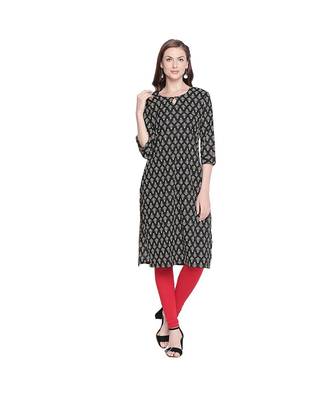 Black Cotton All Over Printed Straight Fit Kurta with Keyhole Neckline & Button for Women 1