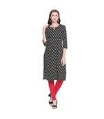 Black Cotton All Over Printed Straight Fit Kurta with Keyhole Neckline & Button for Women