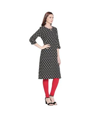 Black Cotton All Over Printed Straight Fit Kurta with Keyhole Neckline & Button for Women 2