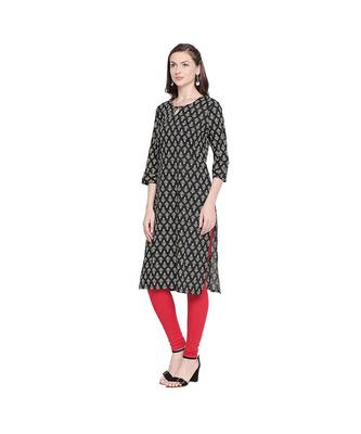 Black Cotton All Over Printed Straight Fit Kurta with Keyhole Neckline & Button for Women 3