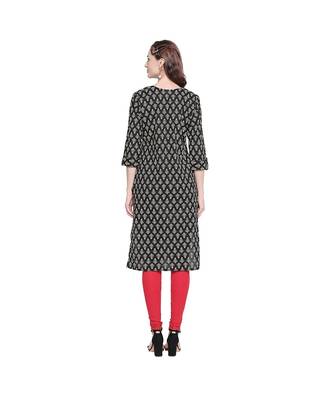Black Cotton All Over Printed Straight Fit Kurta with Keyhole Neckline & Button for Women 4