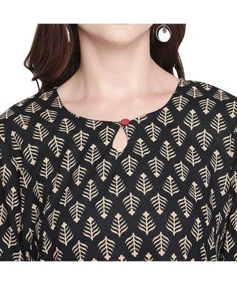 Black Cotton All Over Printed Straight Fit Kurta with Keyhole Neckline & Button for Women 5