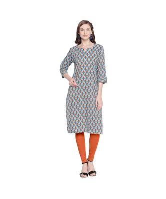 Blue with Orange Floral All Over Printed Cotton Straight Fit Kurta with Round Neckline for Women 1