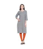 Blue with Orange Floral All Over Printed Cotton Straight Fit Kurta with Round Neckline for Women