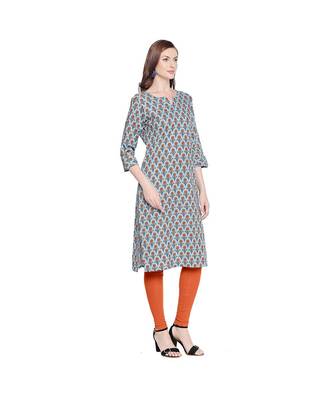 Blue with Orange Floral All Over Printed Cotton Straight Fit Kurta with Round Neckline for Women 2