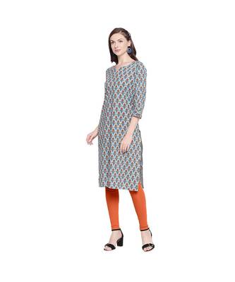 Blue with Orange Floral All Over Printed Cotton Straight Fit Kurta with Round Neckline for Women 3