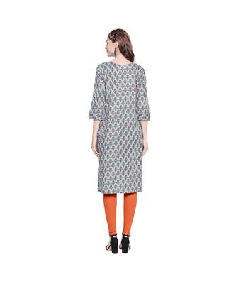 Blue with Orange Floral All Over Printed Cotton Straight Fit Kurta with Round Neckline for Women 4