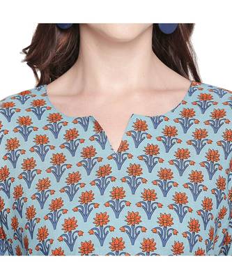 Blue with Orange Floral All Over Printed Cotton Straight Fit Kurta with Round Neckline for Women 5