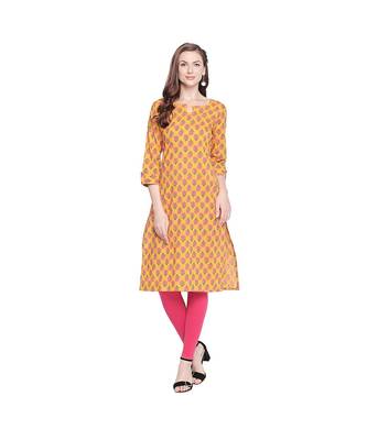 Yellow with Pink Floral Motif All over printed Stright Fit with Kurta with Keyhole Neckline for Women 1