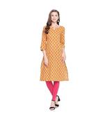 Yellow with Pink Floral Motif All over printed Stright Fit with Kurta with Keyhole Neckline for Women
