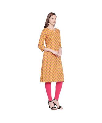 Yellow with Pink Floral Motif All over printed Stright Fit with Kurta with Keyhole Neckline for Women 2