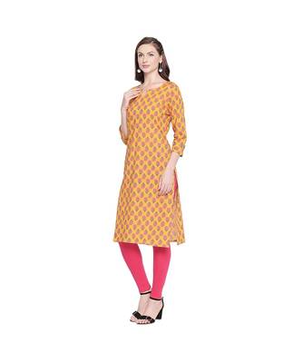 Yellow with Pink Floral Motif All over printed Stright Fit with Kurta with Keyhole Neckline for Women 3