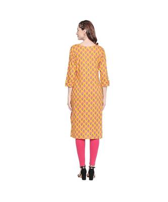 Yellow with Pink Floral Motif All over printed Stright Fit with Kurta with Keyhole Neckline for Women 4