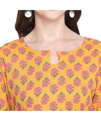 Yellow with Pink Floral Motif All over printed Stright Fit with Kurta with Keyhole Neckline for Women 5
