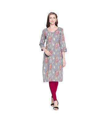 Grey Cotton All Over Leaf Print Straight Fit Kurta with V Neck for Women 1