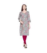 Grey Cotton All Over Leaf Print Straight Fit Kurta with V Neck for Women