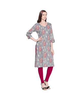 Grey Cotton All Over Leaf Print Straight Fit Kurta with V Neck for Women 2