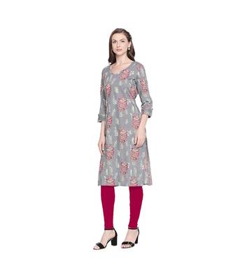 Grey Cotton All Over Leaf Print Straight Fit Kurta with V Neck for Women 3