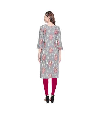 Grey Cotton All Over Leaf Print Straight Fit Kurta with V Neck for Women 4