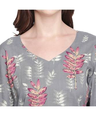 Grey Cotton All Over Leaf Print Straight Fit Kurta with V Neck for Women 5