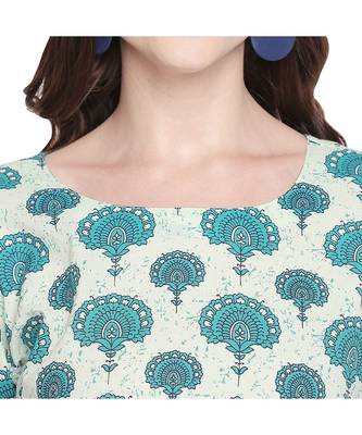 Light Green With Dark Green All Over Butta Print Cotton Straight Fit Kurta With Round Neckline for Women 5