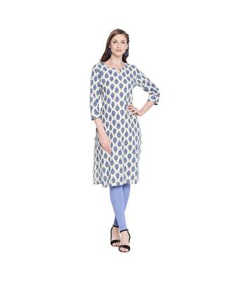 Offwhite Cotton All Over Blue Floral Motif Straight Fit Printed Kurta with Keyhole Neckline for Women 1