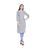 Offwhite Cotton All Over Blue Floral Motif Straight Fit Printed Kurta with Keyhole Neckline for Women