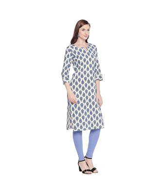 Offwhite Cotton All Over Blue Floral Motif Straight Fit Printed Kurta with Keyhole Neckline for Women 2