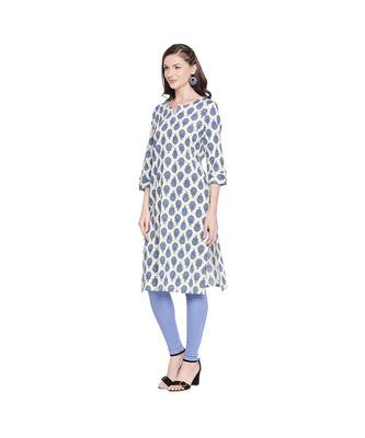Offwhite Cotton All Over Blue Floral Motif Straight Fit Printed Kurta with Keyhole Neckline for Women 3